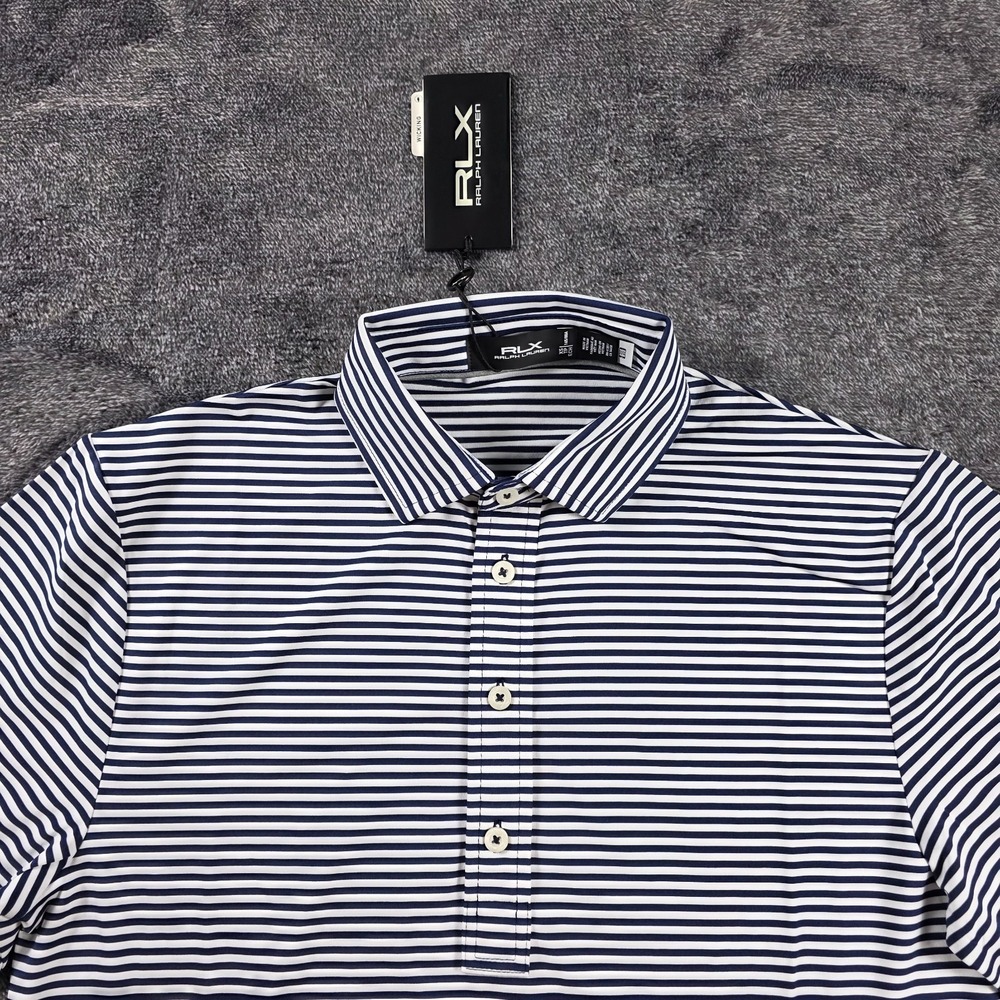 RLX Ralph Lauren Golf Performance Polo Shirt Mens Medium Navy Blue Striped